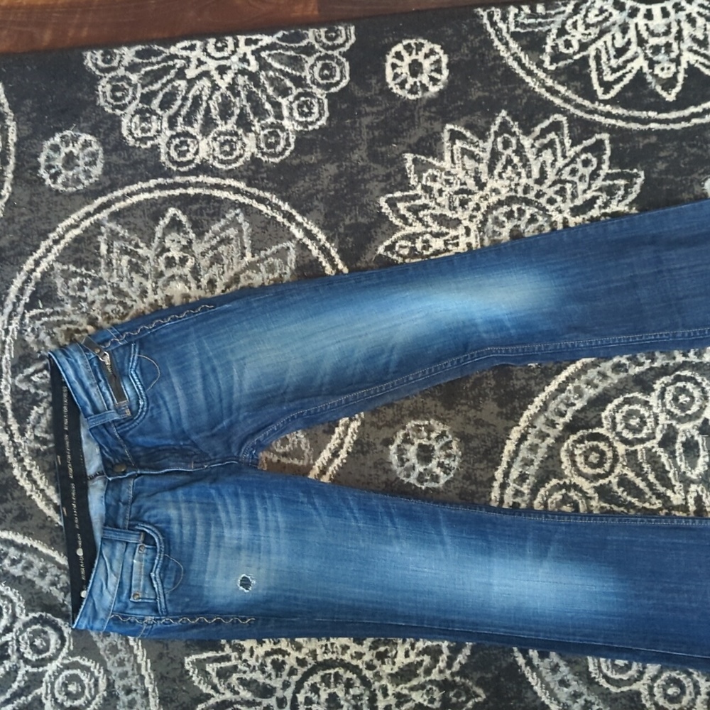 REROCK FOR EXPRESS Dark Blue Boot Cut Distressed Button Flap Pocket Jeans 4